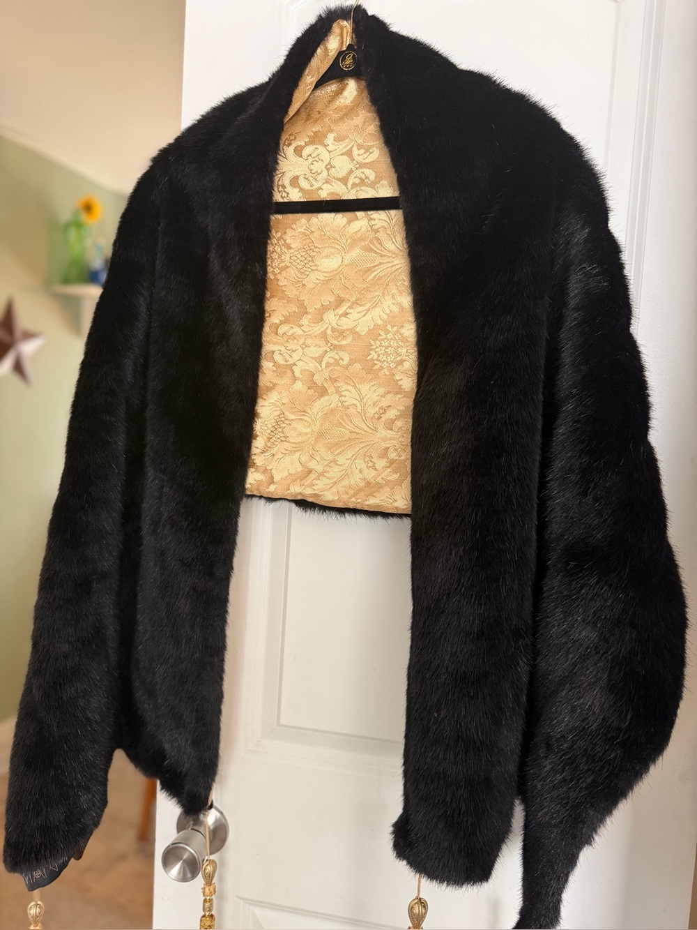 Vintage Black Faux Fur Evening stole with Gold Brocade Lining.Iman 68”x 21”